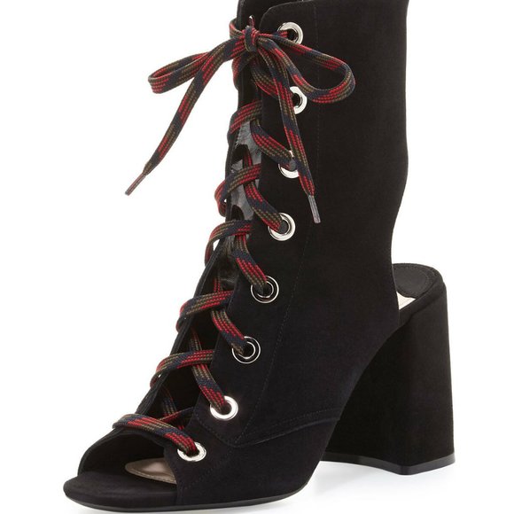 Prada Suede Lace-Up 85mm Bootie, Nero 35.5 - Picture 1 of 4